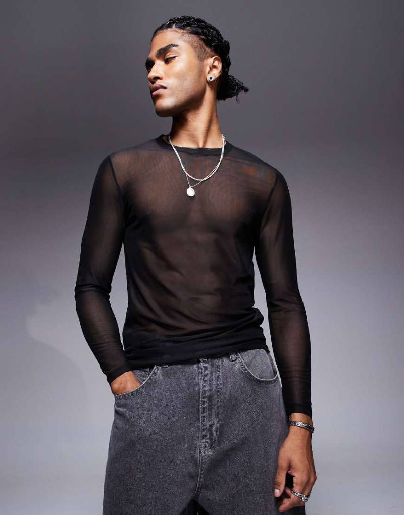 ASOS DESIGN - Langärmliges Netzstoff-Shirt in Schwarz mit körperbetontem Schnitt von ASOS DESIGN