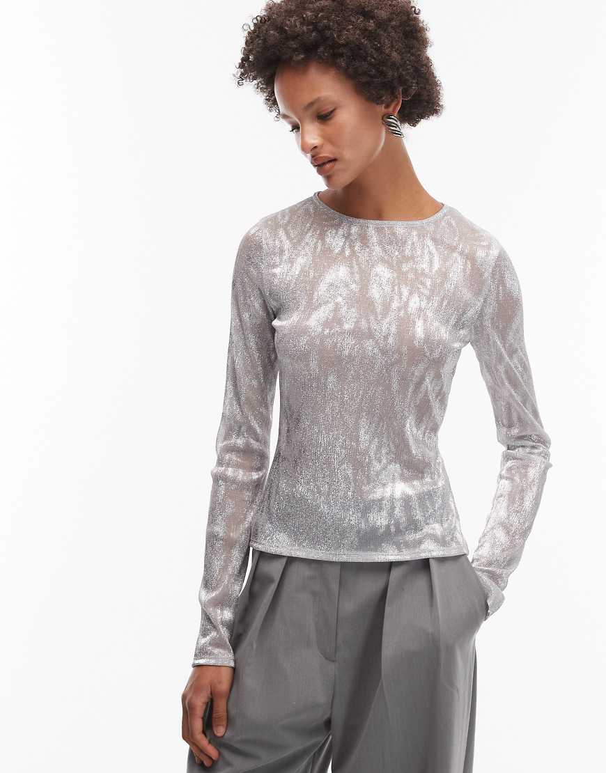 ASOS DESIGN - Langärmliges Oberteil aus transparentem Netzstoff in Silber mit Tierfellmuster von ASOS DESIGN