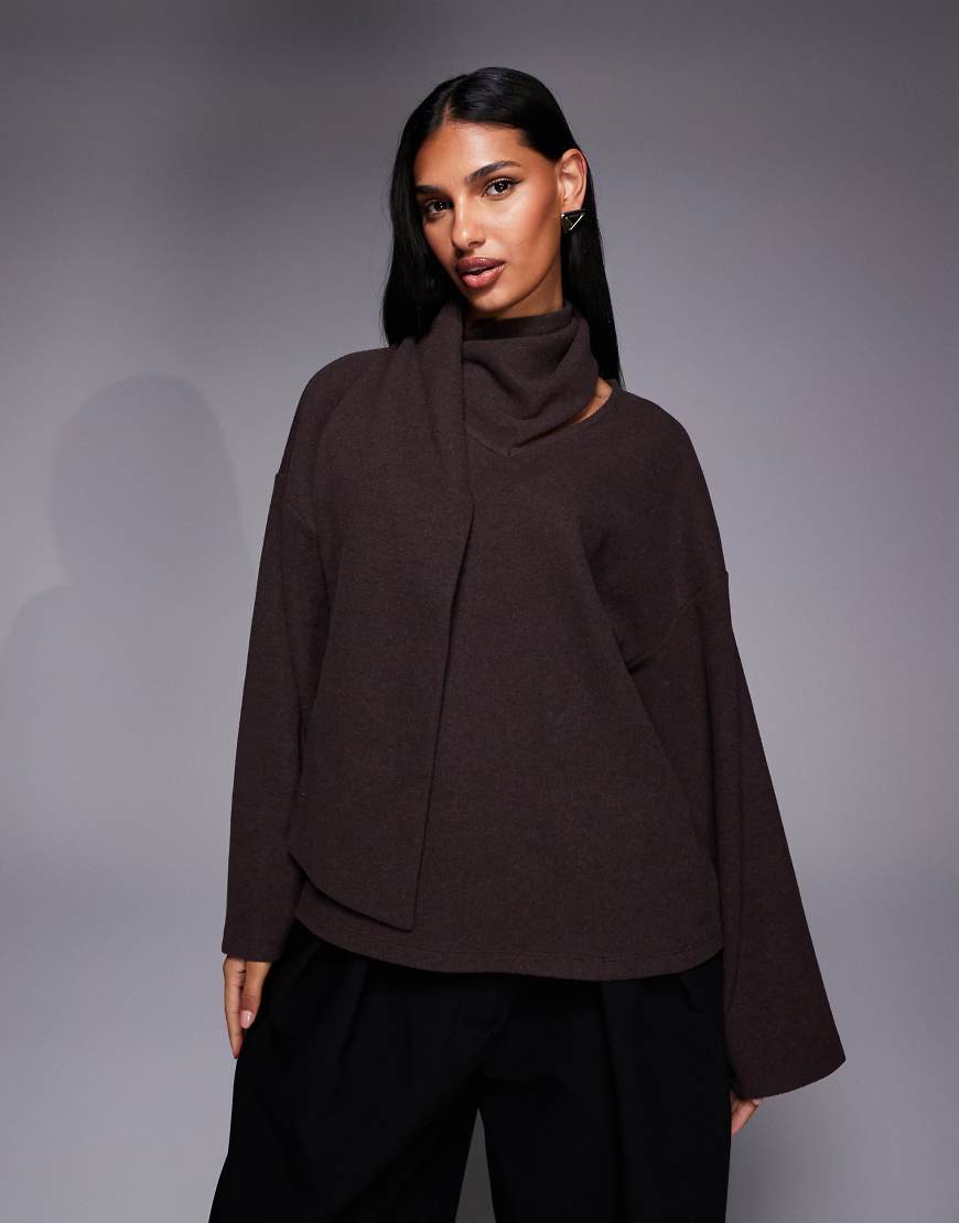 ASOS DESIGN - Langärmliges Oberteil in Braun mit Schal-Detail-Grau von ASOS DESIGN