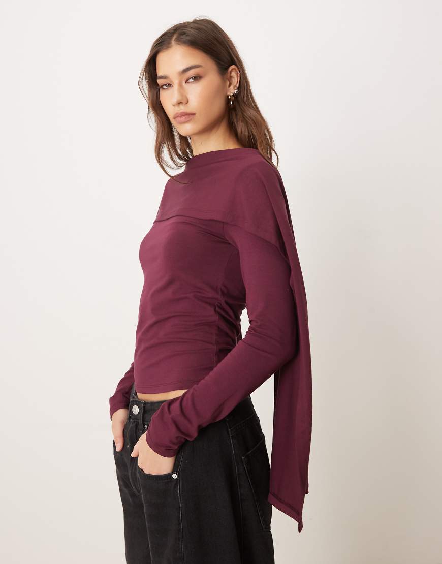 ASOS DESIGN - Langärmliges Oberteil in Feigenrot mit drapiertem Schaldetail-Lila von ASOS DESIGN