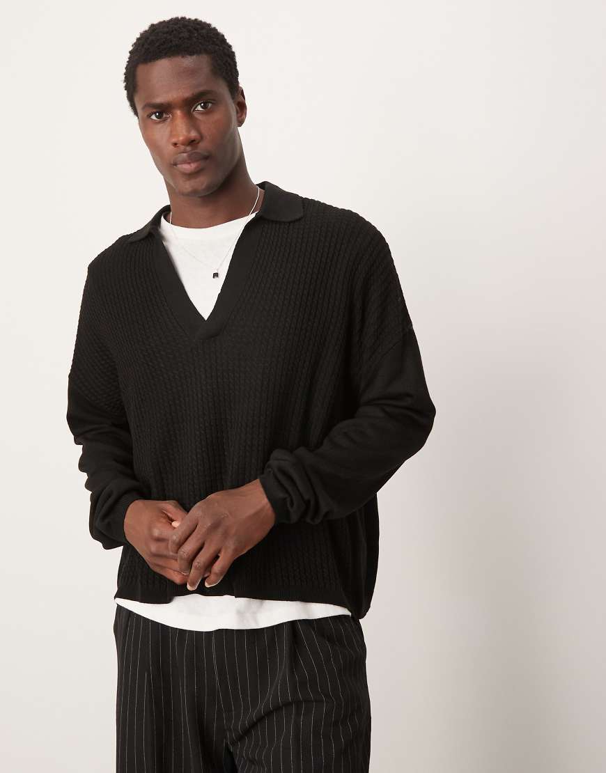 ASOS DESIGN - Langärmliges Oversize-Polohemd aus Strick in Schwarz mit kastigem Schnitt ASOS DESIGN - Langärmliges Oversize-Polohemd aus Strick in Schwarz mit kastigem Schnitt von ASOS DESIGN