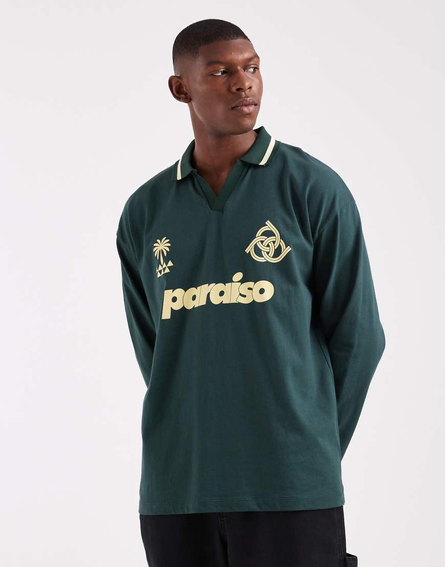 ASOS DESIGN - Langärmliges Oversize-Polohemd mit „Paraiso"-Grafik in Dunkelgrün von ASOS DESIGN