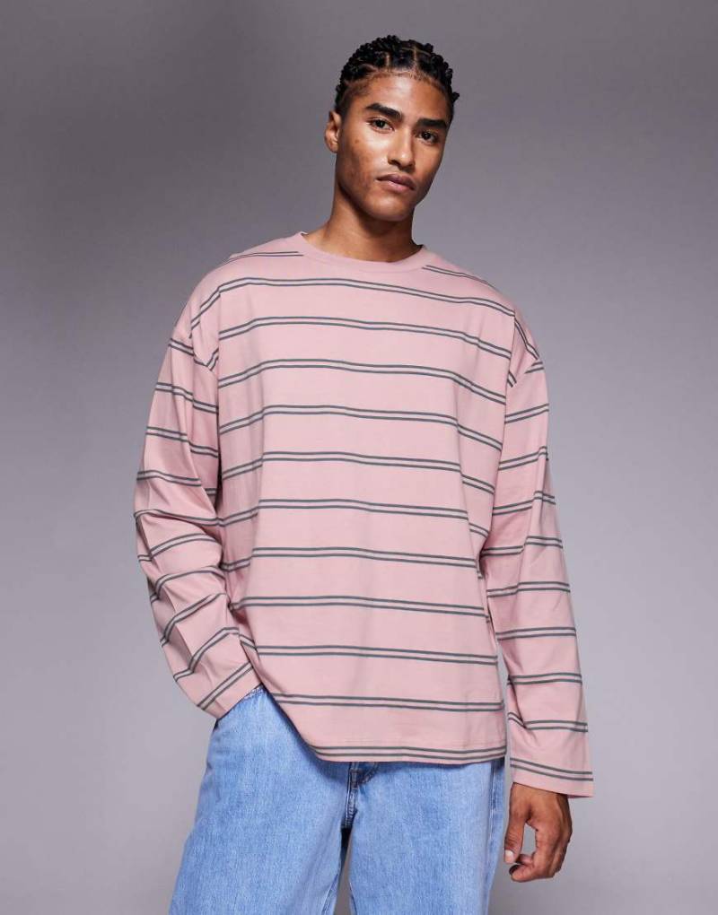 ASOS DESIGN - Langärmliges Oversize-T-Shirt in rosa und grau gestreift-Bunt von ASOS DESIGN
