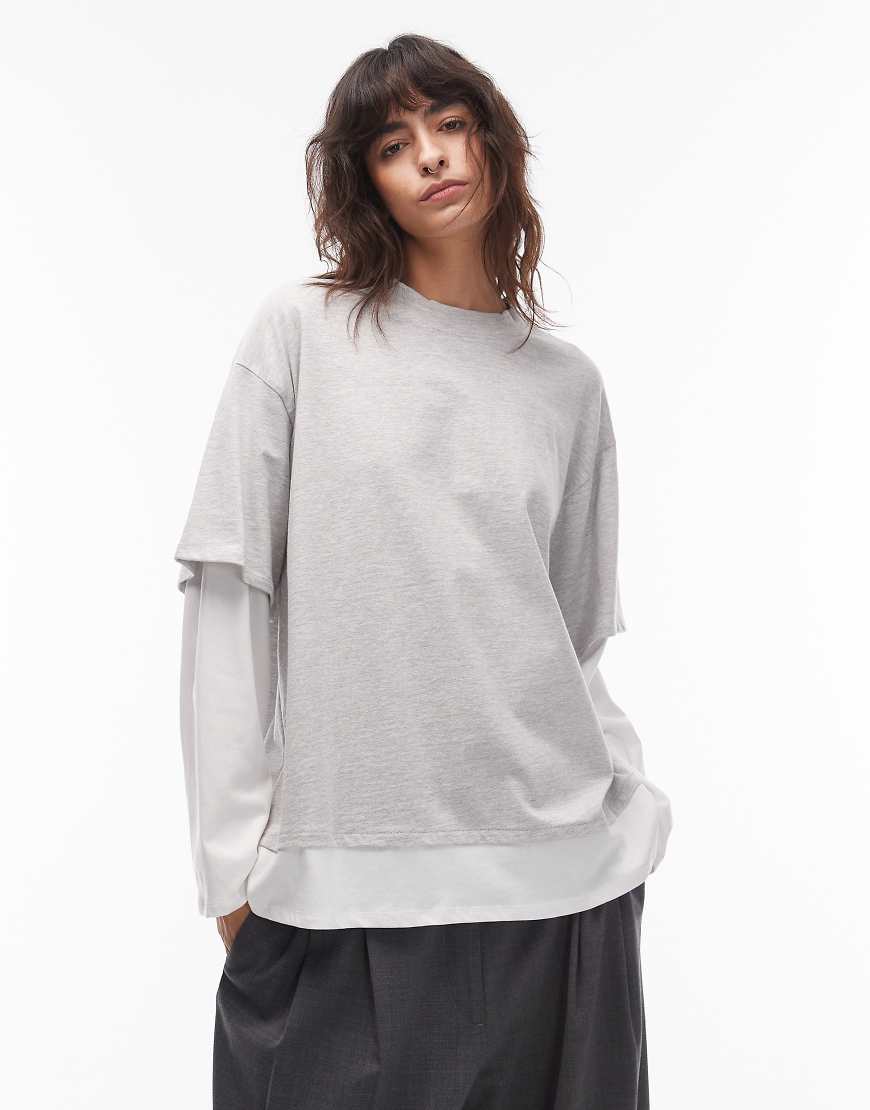 ASOS DESIGN - Langärmliges Oversized-T-Shirt in Weiß und Graumeliert im Lagen-Look-Bunt von ASOS DESIGN