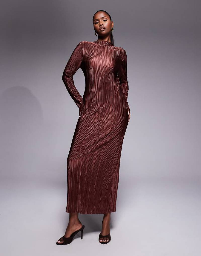 ASOS DESIGN - Langärmliges Plisseekleid in Schokobraun mit Schnürung am Rücken-Brown von ASOS DESIGN