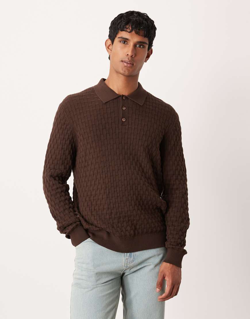 ASOS DESIGN - Langärmliges Polo-Oberteil in Braun aus strukturiertem Strick-Neutral von ASOS DESIGN