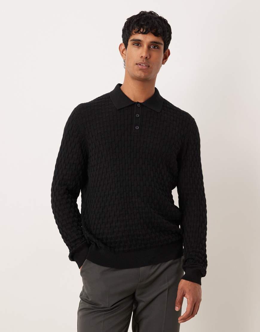 ASOS DESIGN - Langärmliges Polo-Oberteil in Schwarz aus strukturiertem Strick von ASOS DESIGN