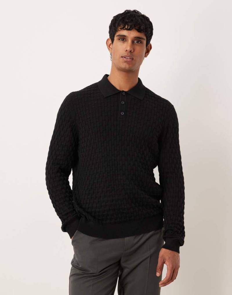 ASOS DESIGN - Langärmliges Polo-Oberteil in Schwarz aus strukturiertem Strick von ASOS DESIGN