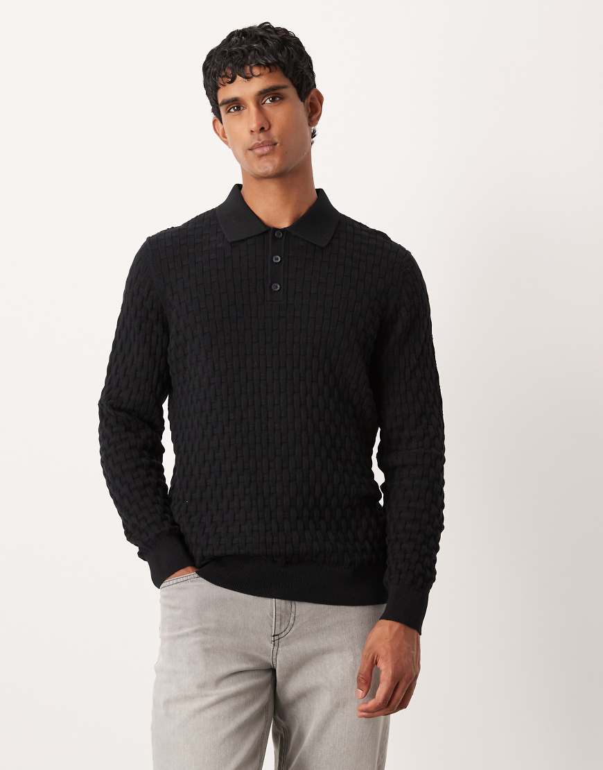 ASOS DESIGN - Langärmliges Polo-Oberteil in Schwarz aus strukturiertem Strick von ASOS DESIGN