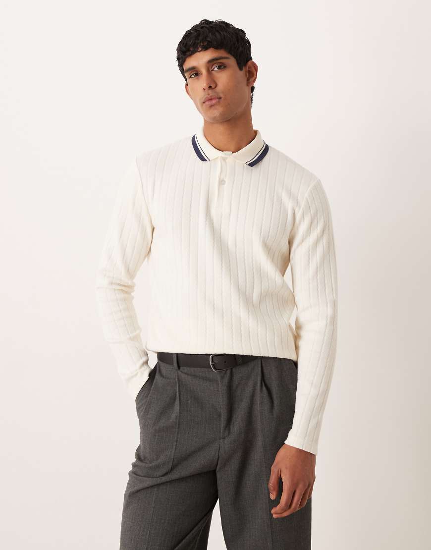 ASOS DESIGN - Langärmliges Polohemd aus strukturiertem Stoff in Ecru-Weiß von ASOS DESIGN