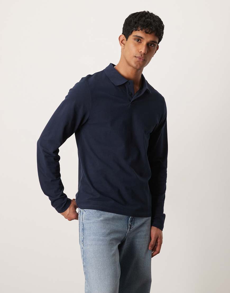 ASOS DESIGN - Langärmliges Poloshirt aus Piqué in Marineblau von ASOS DESIGN