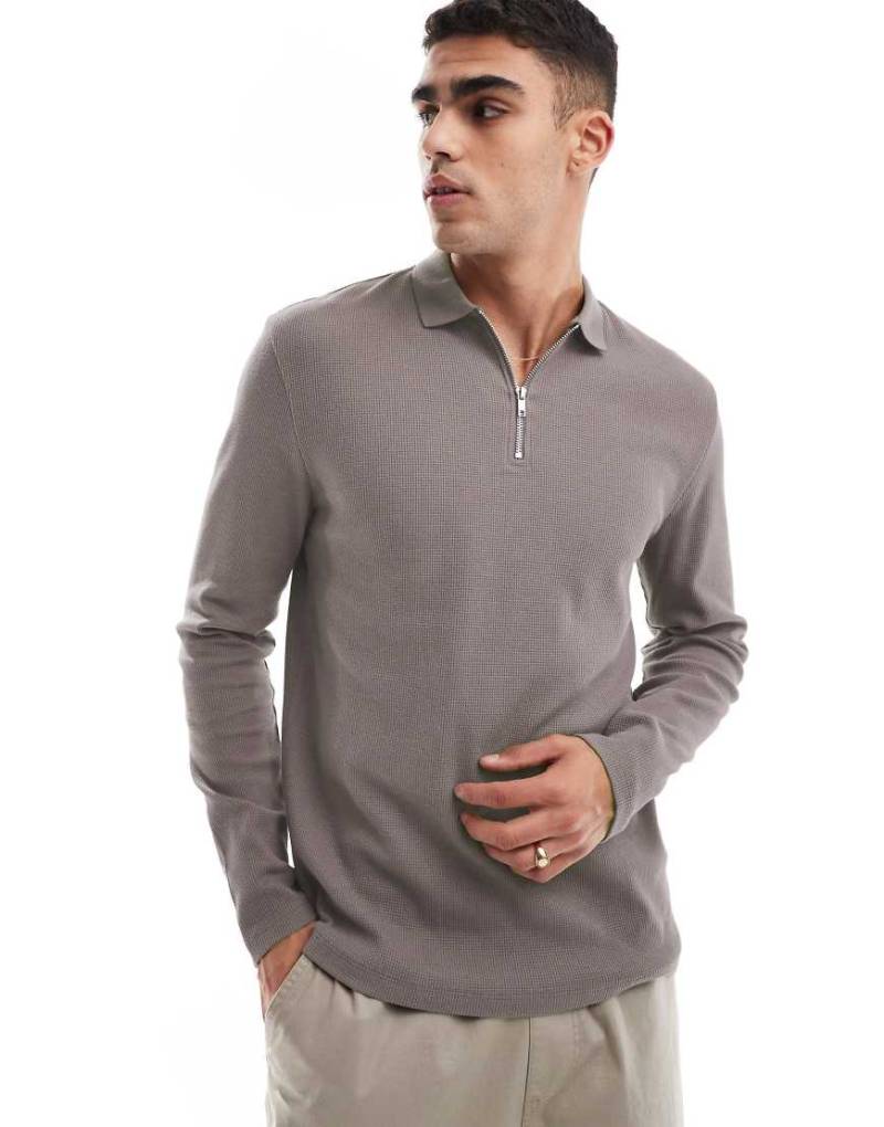 ASOS DESIGN - Langärmliges Poloshirt in Lila mit Waffelstruktur und Reißverschluss-Grau von ASOS DESIGN