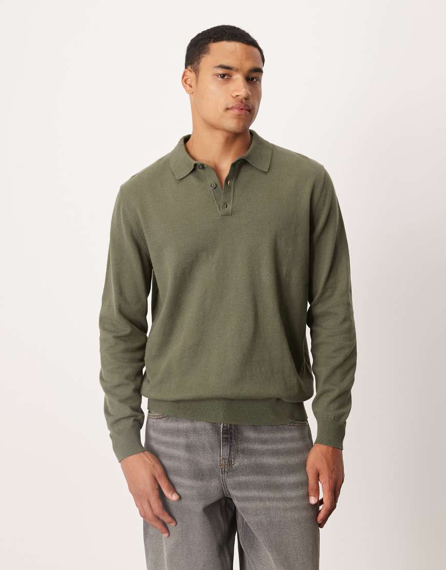 ASOS DESIGN - Langärmliges Relaxed-Fit-Polohemd aus Strick in Khaki-Grün von ASOS DESIGN