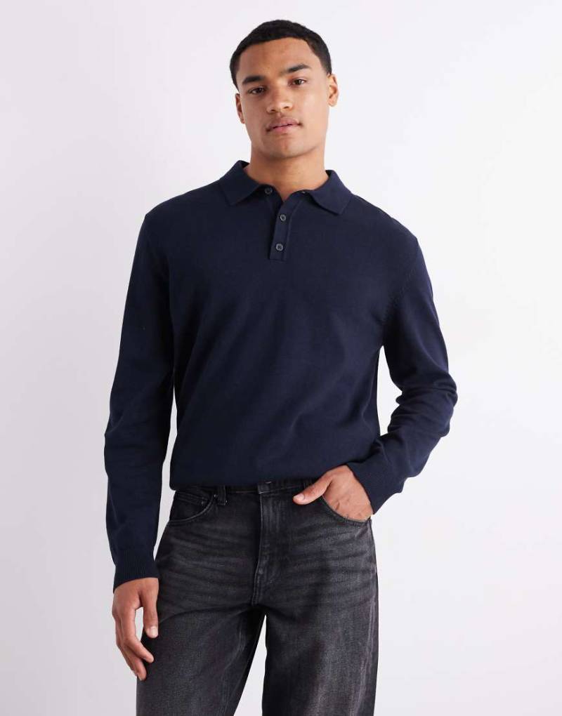 ASOS DESIGN - Langärmliges Relaxed-Fit-Polohemd aus Strick in Marineblau von ASOS DESIGN