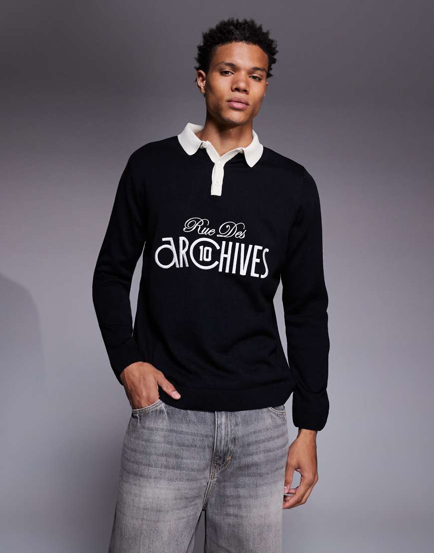 ASOS DESIGN - Langärmliges Relaxed Fit Polohemd aus Strick in Schwarz mit Brust-Print ASOS DESIGN - Langärmliges Relaxed Fit Polohemd aus Strick in Schwarz mit Brust-Print von ASOS DESIGN