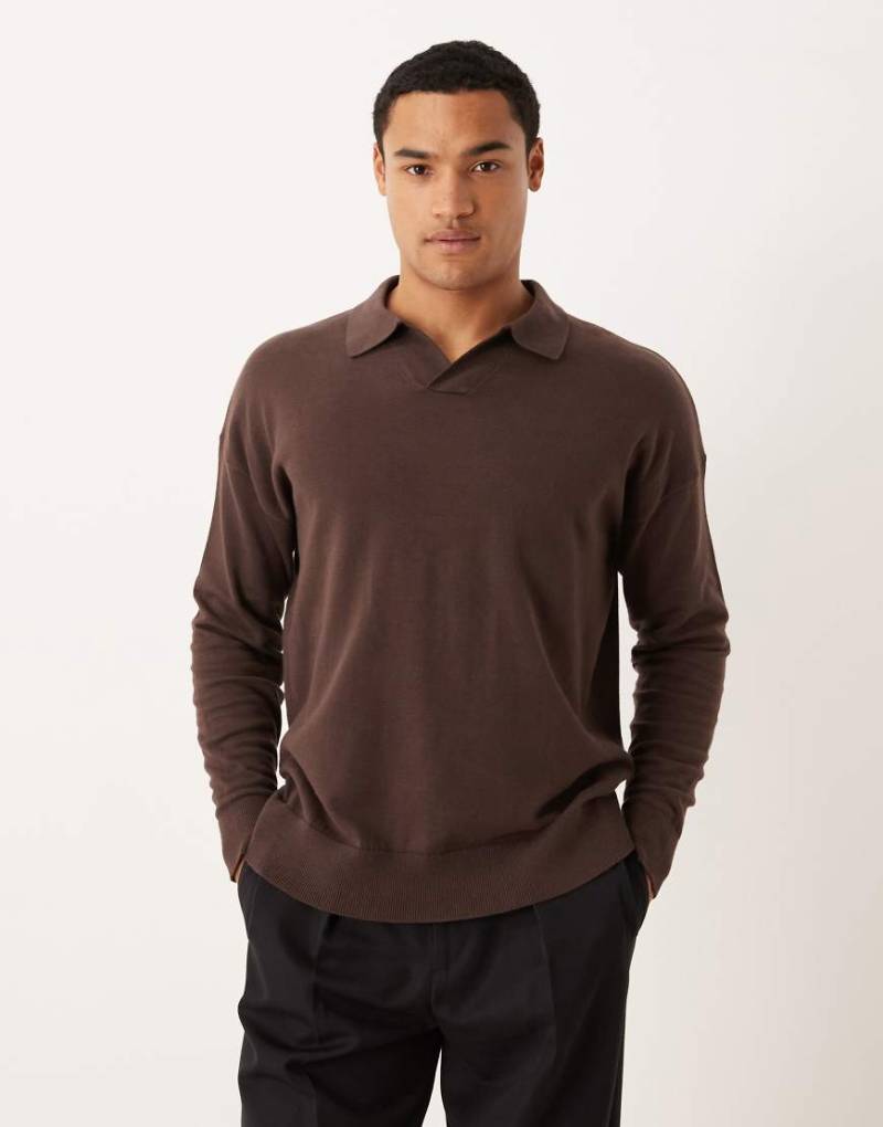 ASOS DESIGN - Langärmliges Relaxed-Fit-Polohemd in Braun mit eingekerbtem Ausschnitt-Brown von ASOS DESIGN