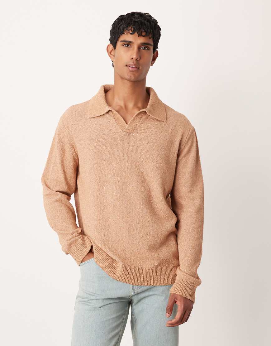 ASOS DESIGN - Langärmliges Relaxed-Fit-Polohemd in Braun mit eingekerbtem Ausschnitt und Strukturmuster-Brown von ASOS DESIGN