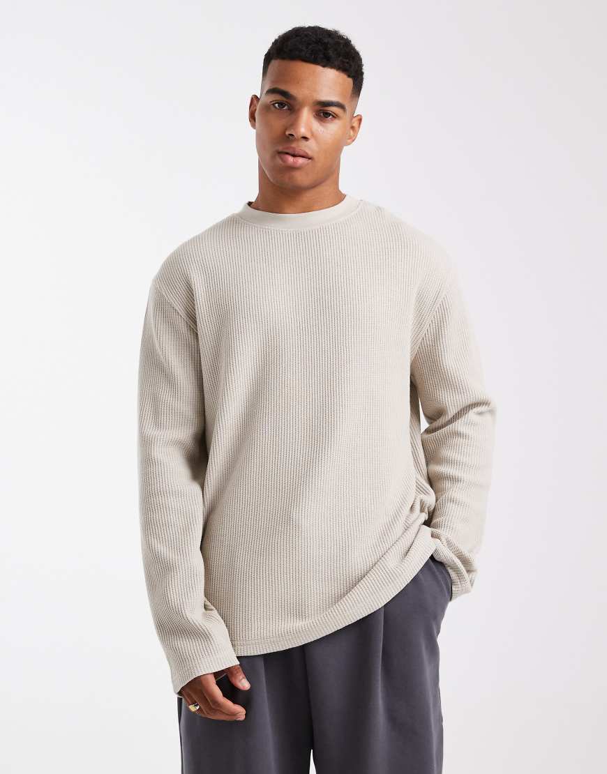 ASOS DESIGN - Langärmliges Relaxed Fit Shirt aus schwerem Stoff in Beige mit Waffelstruktur-Neutral von ASOS DESIGN