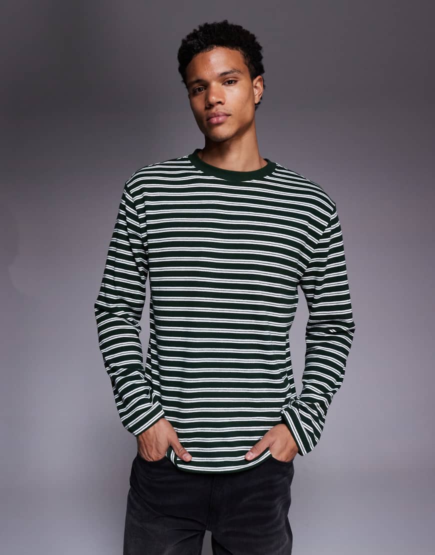 ASOS DESIGN - Langärmliges Relaxed-Fit-Shirt aus schwerem Stoff in strukturiertem Grün mit Streifen-Bunt von ASOS DESIGN