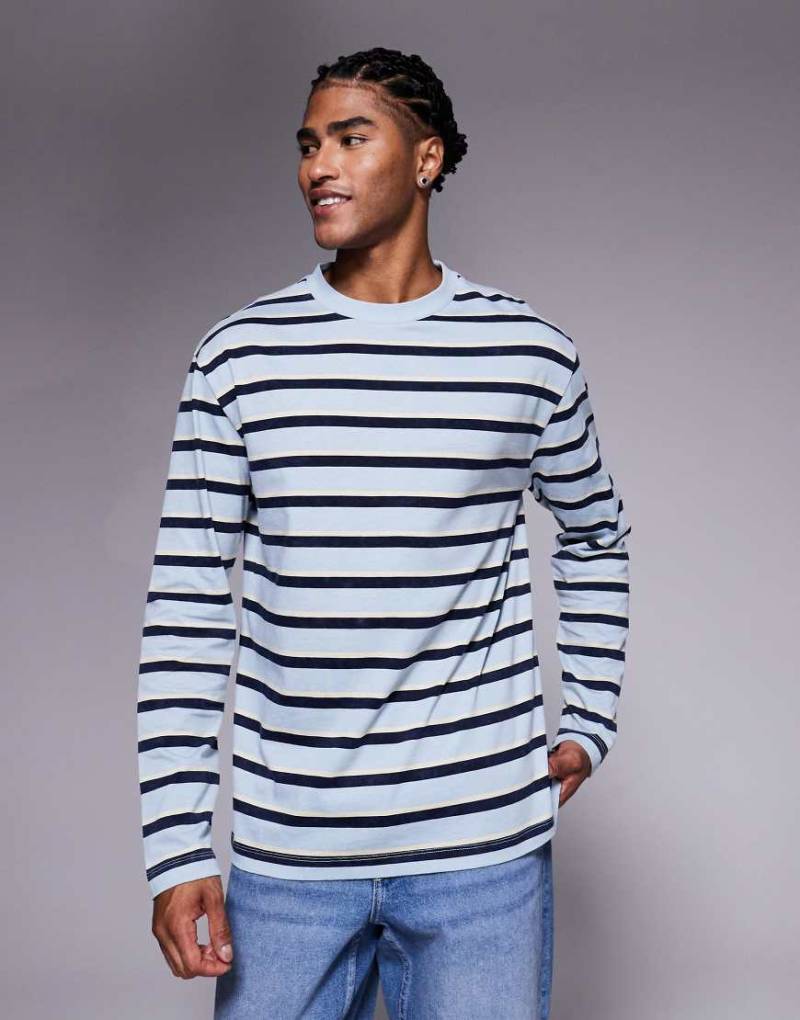 ASOS DESIGN - Langärmliges Relaxed-Fit-T-Shirt in verwaschenem Grau mit beigen Streifen-Bunt von ASOS DESIGN
