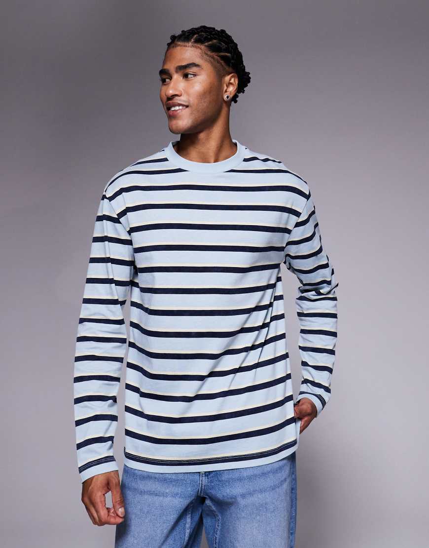 ASOS DESIGN - Langärmliges Relaxed-Fit-T-Shirt in verwaschenem Grau mit beigen Streifen-Bunt von ASOS DESIGN