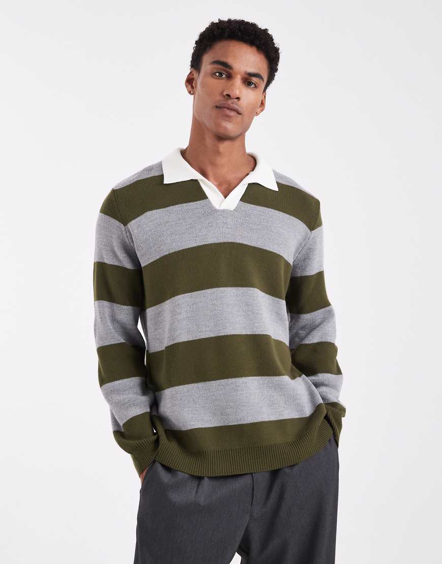 ASOS DESIGN - Langärmliges Rugby-Polohemd aus Strickstoff in Grau und Khaki gestreift-Bunt von ASOS DESIGN