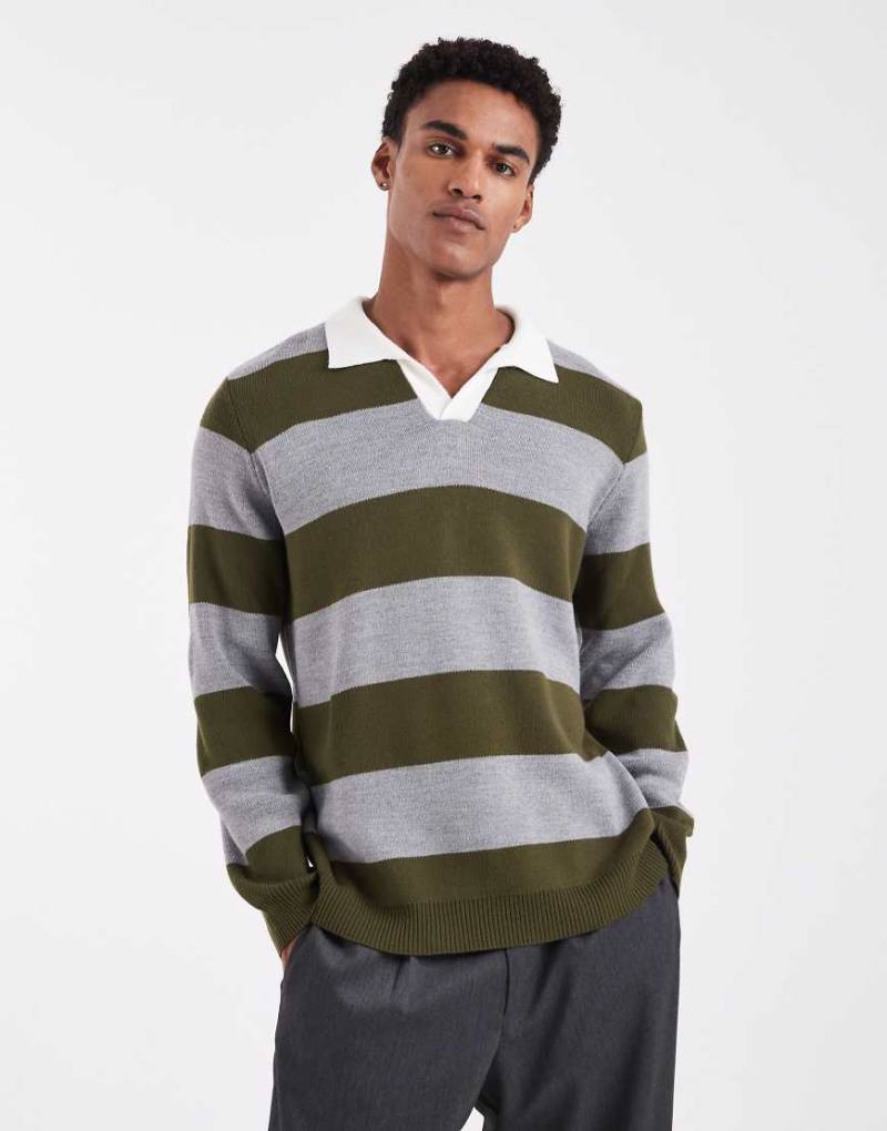 ASOS DESIGN - Langärmliges Rugby-Polohemd aus Strickstoff in Grau und Khaki gestreift-Bunt von ASOS DESIGN