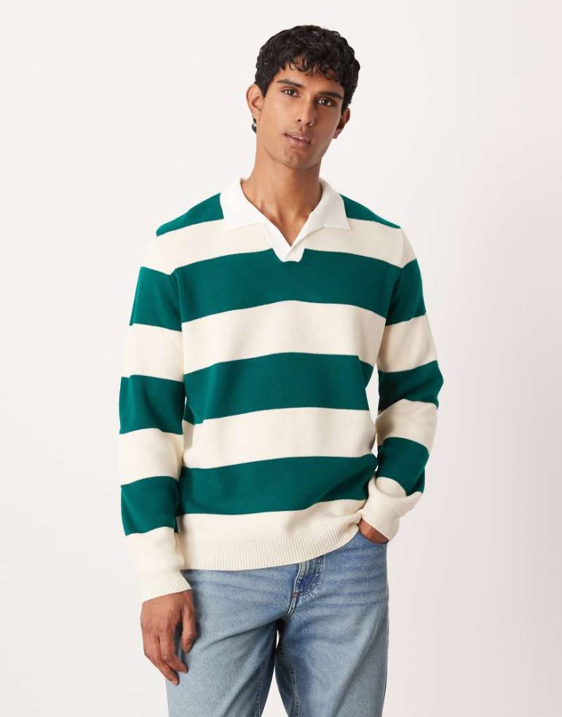 ASOS DESIGN - Langärmliges Rugby-Poloshirt aus Strickstoff mit Streifen in Grün von ASOS DESIGN