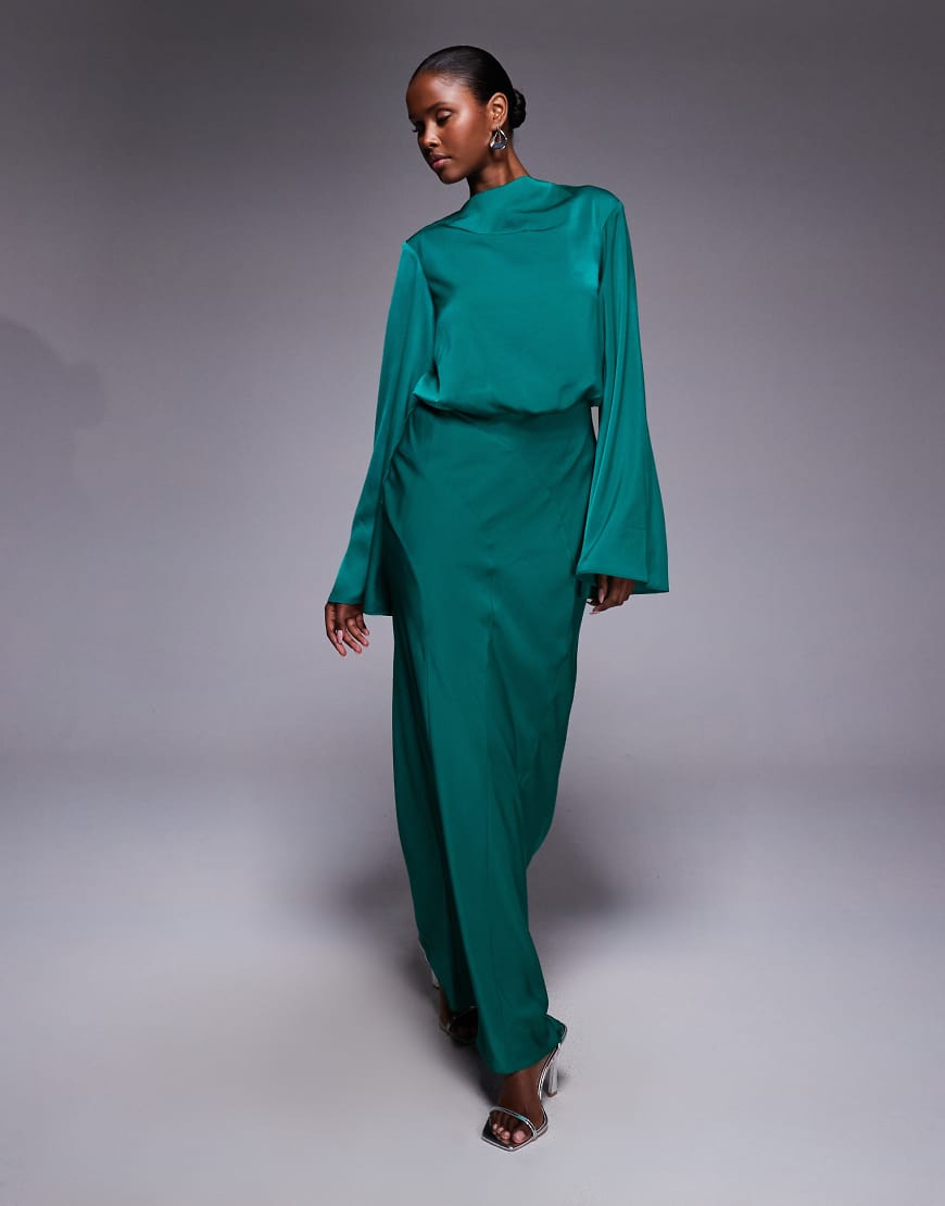 ASOS DESIGN - Langärmliges Satin-Maxikleid in Stahlblau mit Blouson-Oberteil von ASOS DESIGN