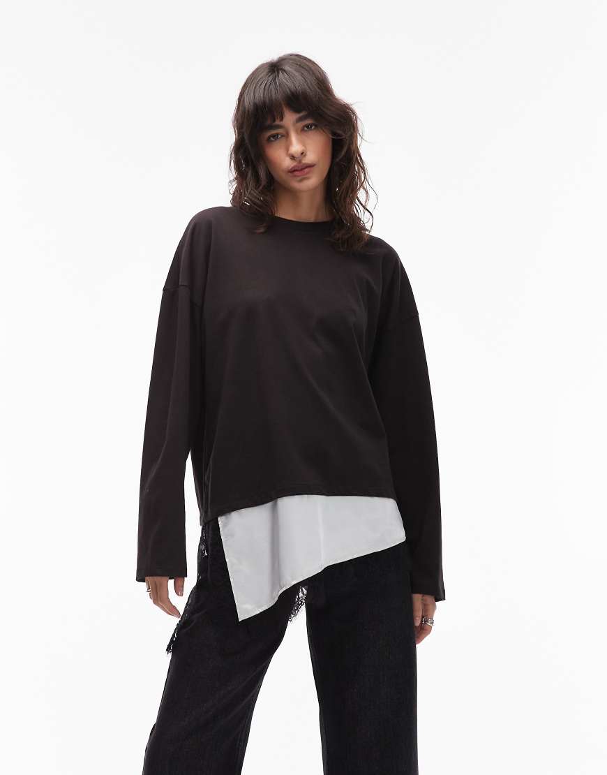 ASOS DESIGN - Langärmliges Shirt in Schwarz mit asymmetrischem Saum aus Satin und Spitze von ASOS DESIGN