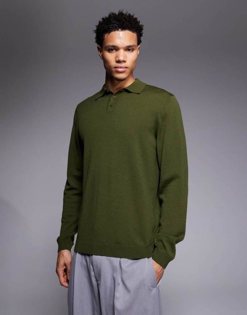 ASOS DESIGN - Langärmliges Strick-Polohemd aus reiner Merinowolle in Khaki-Grün von ASOS DESIGN