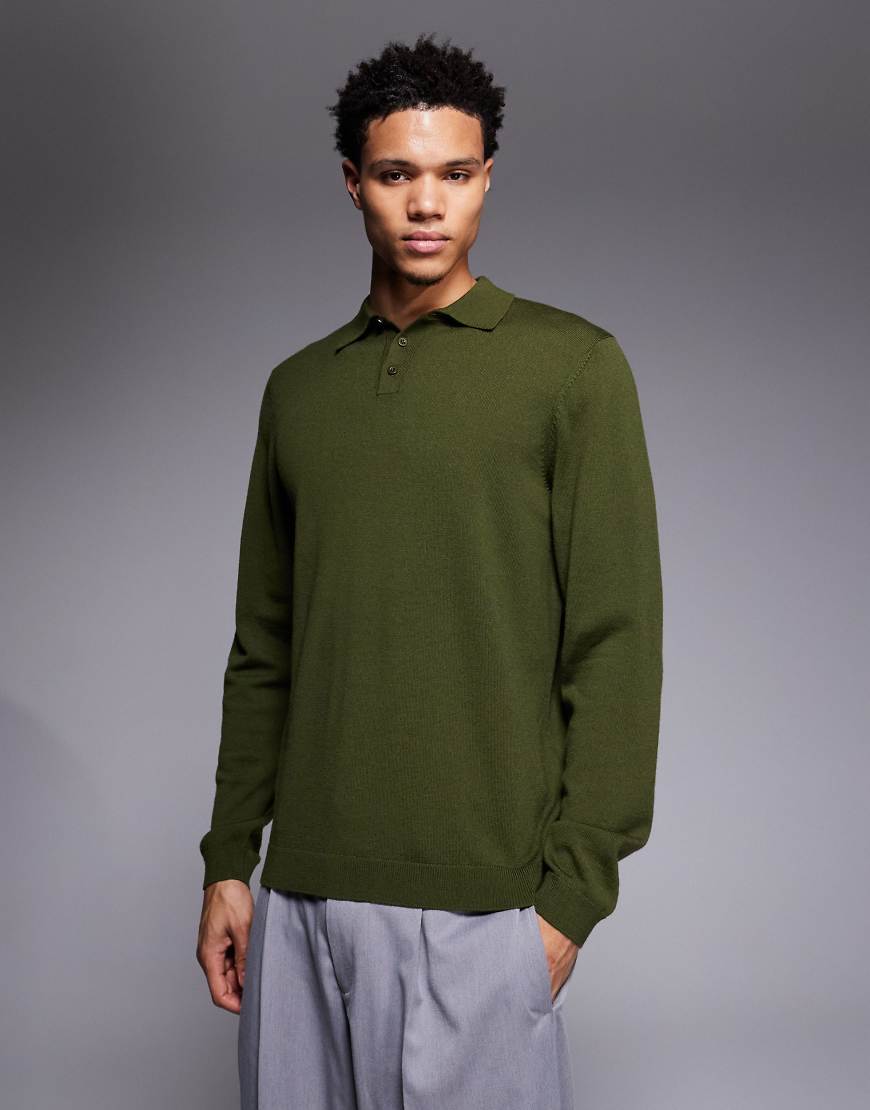 ASOS DESIGN - Langärmliges Strick-Polohemd aus reiner Merinowolle in Khaki-Grün von ASOS DESIGN