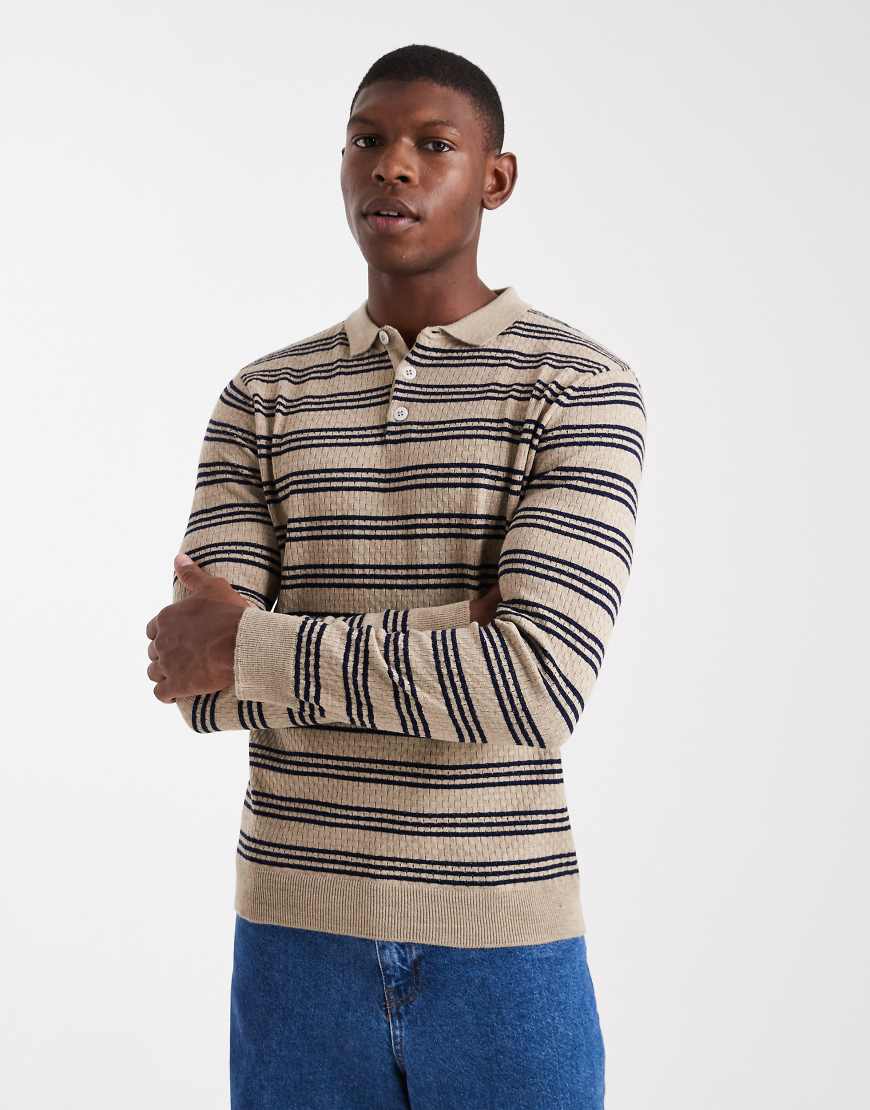 ASOS DESIGN - Langärmliges Strick-Polohemd in Ecru mit Streifen-Neutral von ASOS DESIGN