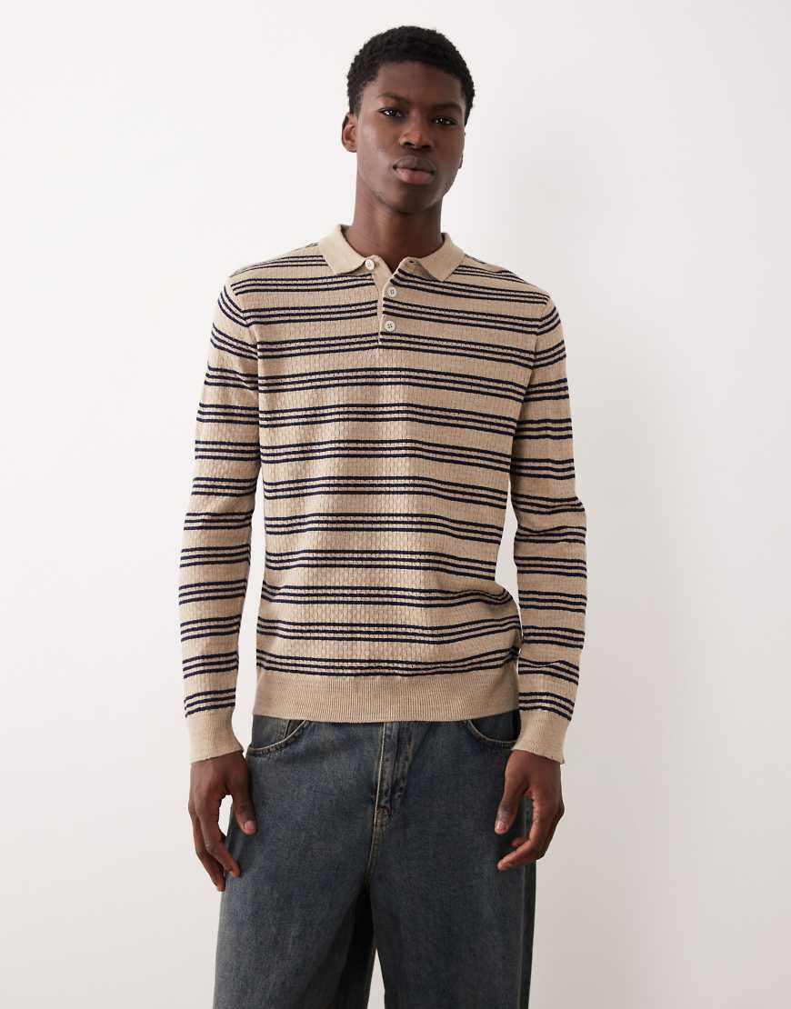 ASOS DESIGN - Langärmliges Strick-Polohemd in Ecru mit Streifen-Neutral von ASOS DESIGN