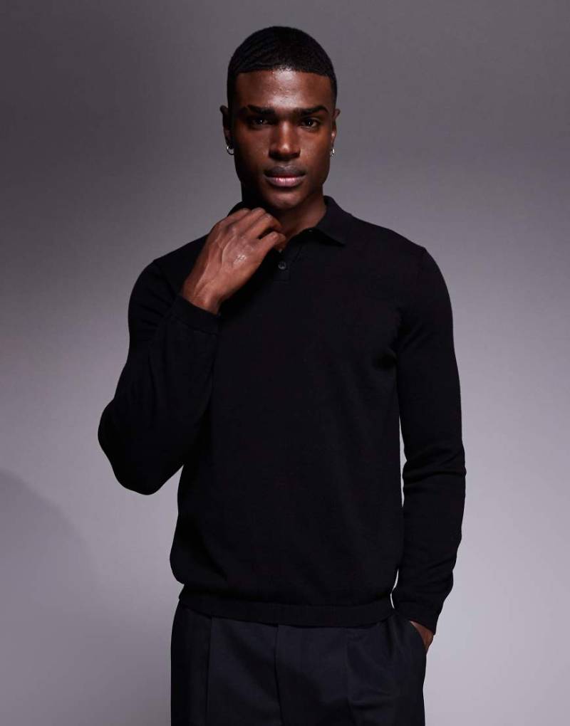ASOS DESIGN - Langärmliges Strick-Polohemd in Schwarz von ASOS DESIGN