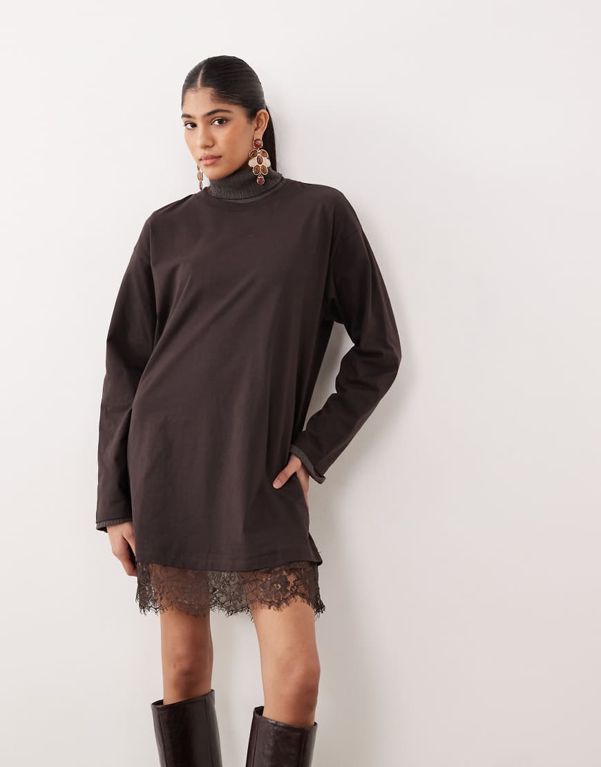 ASOS DESIGN - Langärmliges T-Shirt-Kleid in Braun mit Spitzenborte-Brown von ASOS DESIGN
