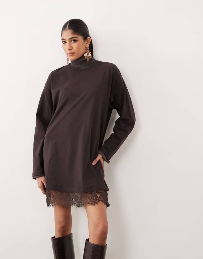 ASOS DESIGN - Langärmliges T-Shirt-Kleid in Braun mit Spitzenborte-Brown von ASOS DESIGN