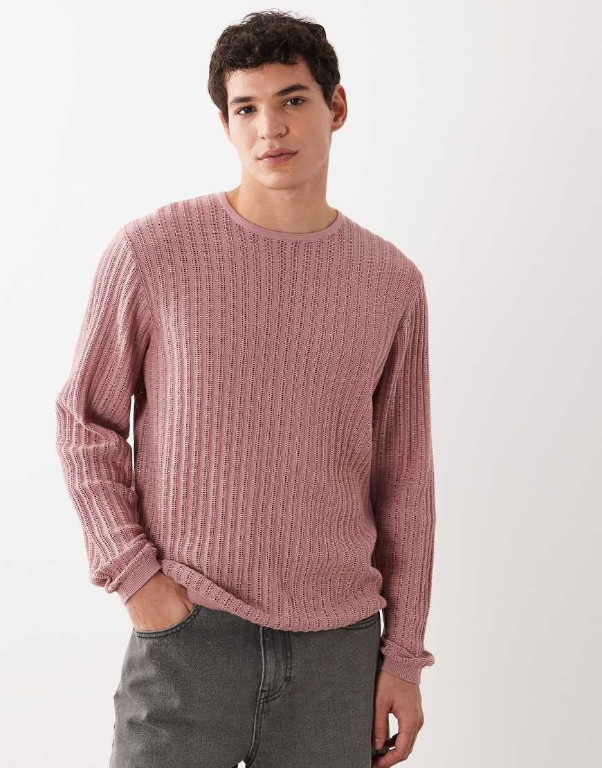 ASOS DESIGN - Langärmliges T-Shirt aus Rippstrick in Rosa mit Rundhalsausschnitt von ASOS DESIGN