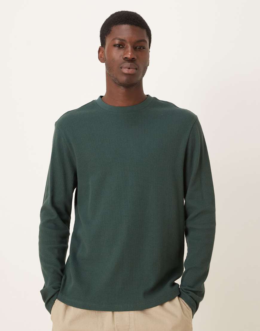 ASOS DESIGN - Langärmliges T-Shirt in Dunkelgrün mit Rundhalsausschnitt und Waffelstruktur von ASOS DESIGN