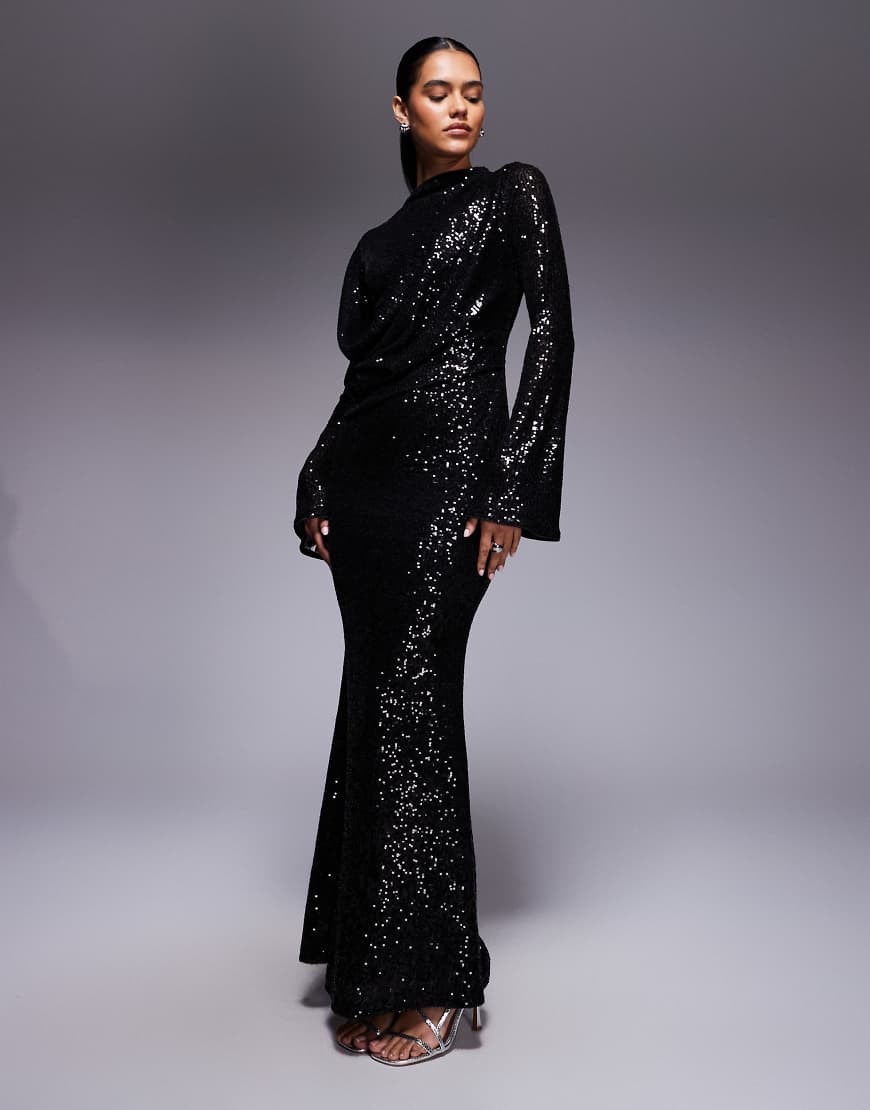 ASOS DESIGN - Langärmliges Wickel-Maxikleid in Schwarz mit durchgehendem Paillettenbesatz-Grau von ASOS DESIGN