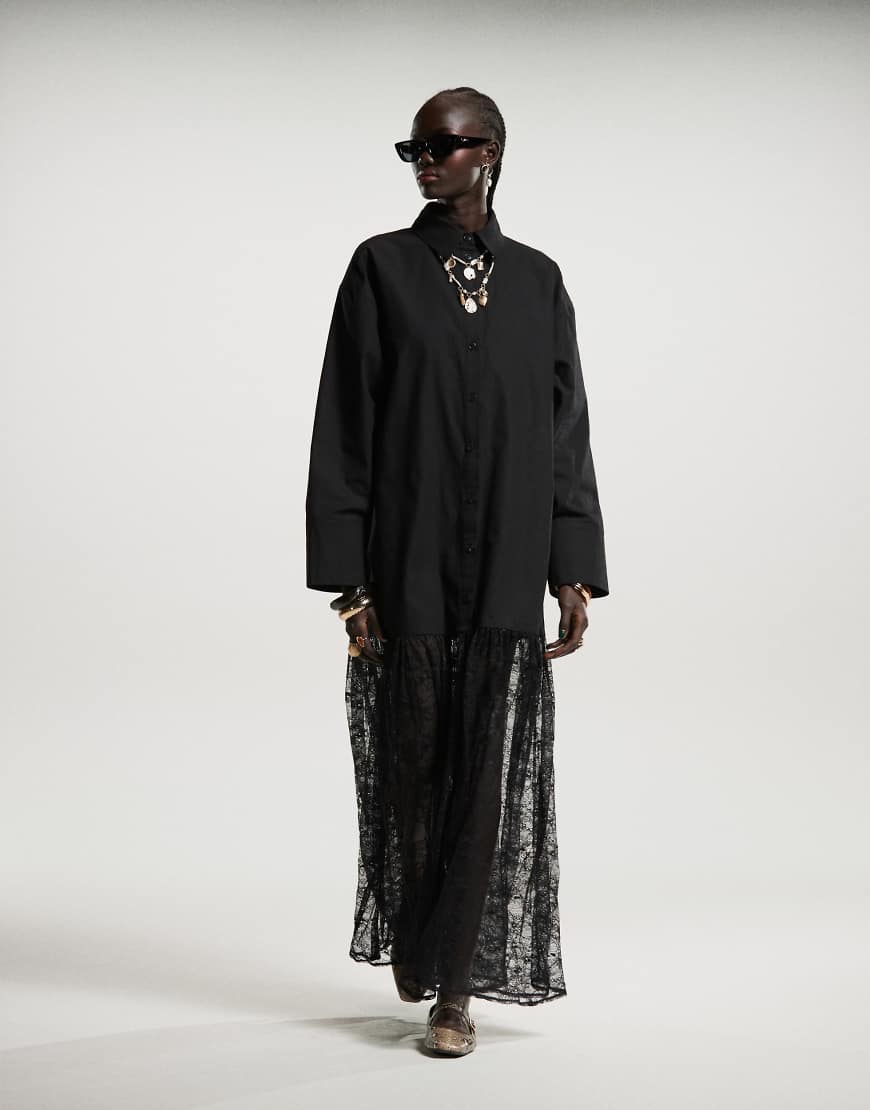 ASOS DESIGN - Langes 2-in-1-Hemdkleid in Schwarz mit Spitzenrock-Weiß ASOS DESIGN - Langes 2-in-1-Hemdkleid in Schwarz mit Spitzenrock-Weiß von ASOS DESIGN