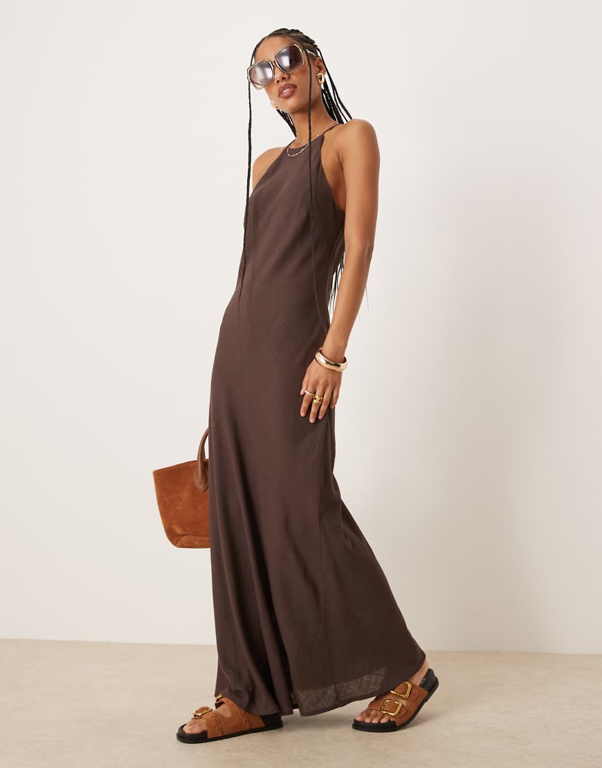 ASOS DESIGN - Langes Racer-Sommerkleid aus Leinen in Bitterschokobraun von ASOS DESIGN