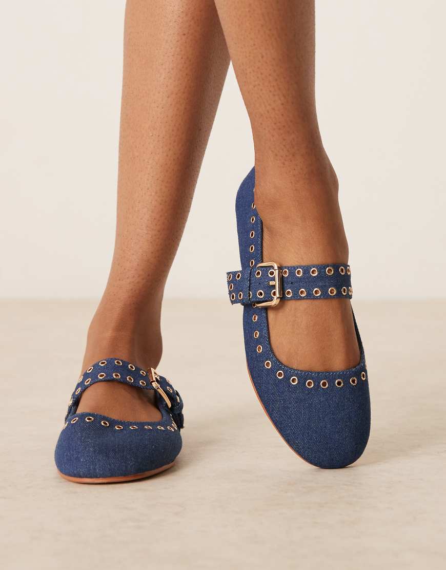 ASOS DESIGN - Larson - Mary-Jane-Ballerinas aus dunkelblauem Denim mit Ösendetails von ASOS DESIGN