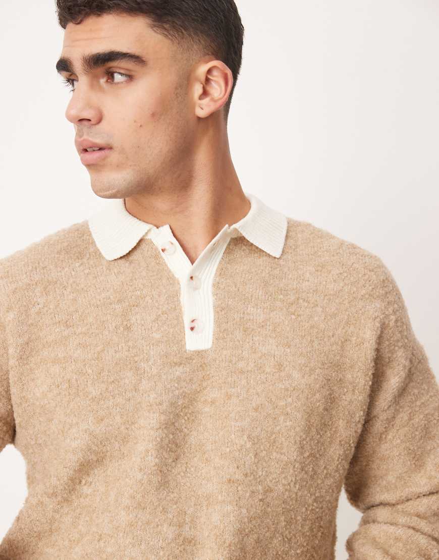 ASOS DESIGN - Legerer strukturierter Rugby-Polo-Strickpullover in Braun-Neutral ASOS DESIGN - Legerer strukturierter Rugby-Polo-Strickpullover in Braun-Neutral von ASOS DESIGN