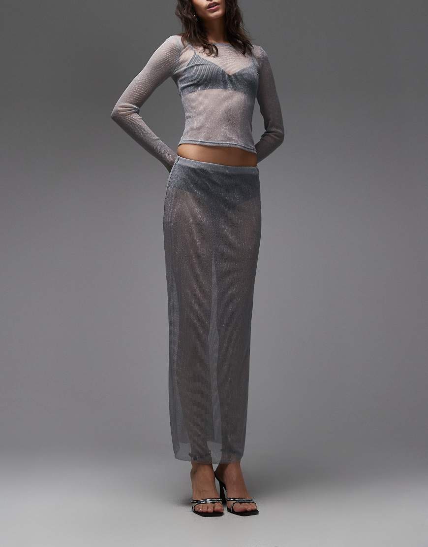 ASOS DESIGN - Leicht durchscheinender Maxirock aus Metallic-Strick in Silber, Kombiteil von ASOS DESIGN