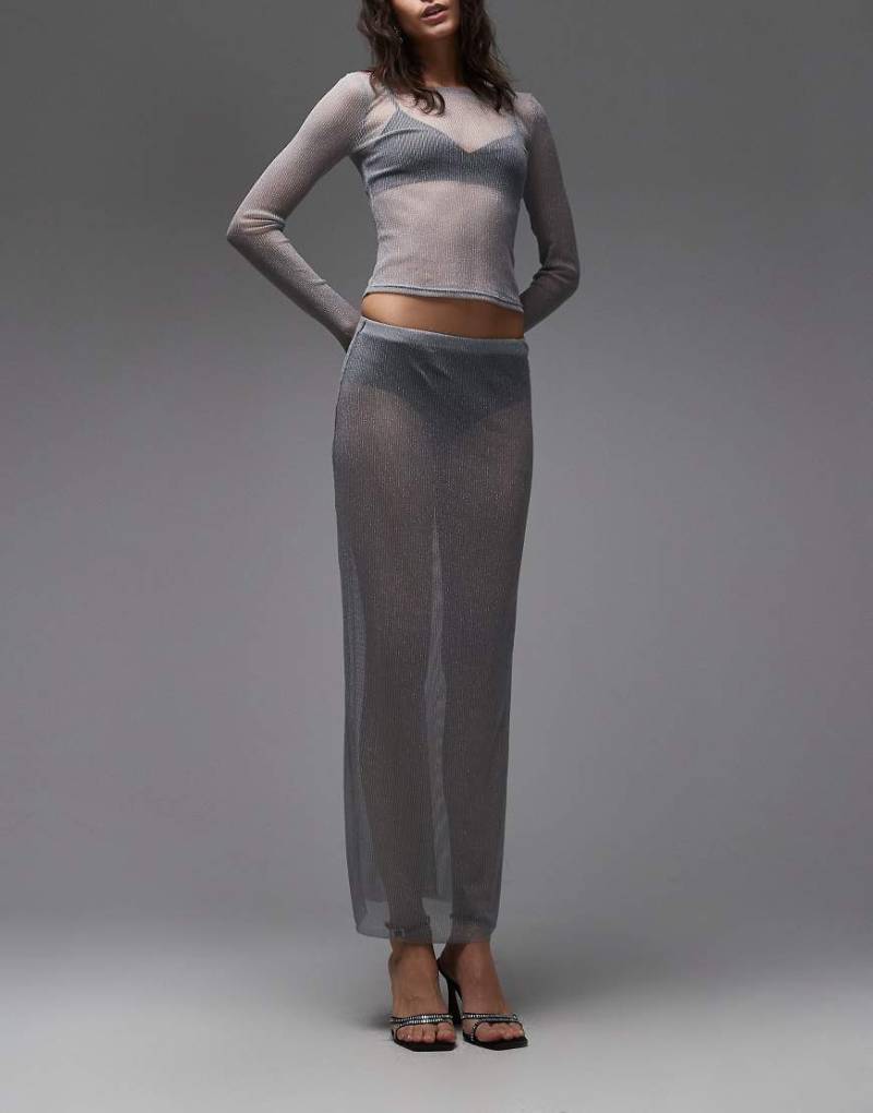 ASOS DESIGN - Leicht durchscheinender Maxirock aus Metallic-Strick in Silber, Kombiteil von ASOS DESIGN