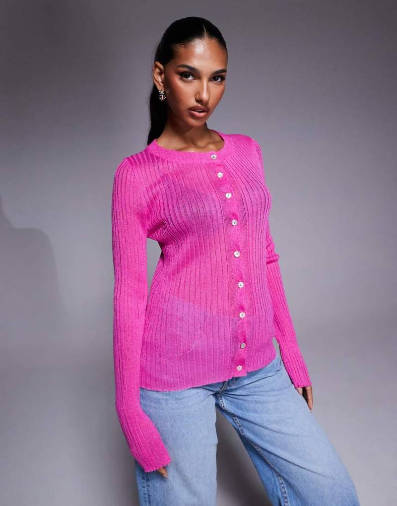 ASOS DESIGN - Leichte, durchscheinende Strickjacke in Rosa mit Rippstruktur von ASOS DESIGN
