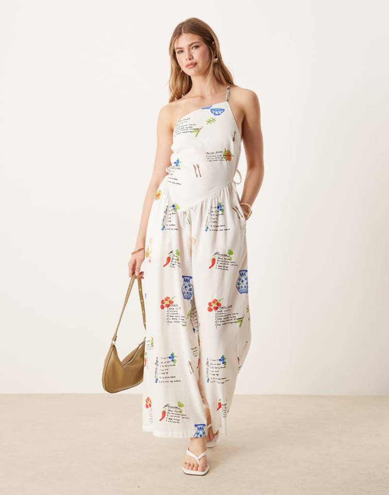 ASOS DESIGN - Leinen-Jumpsuit mit One-Shoulder-Träger, Rückenausschnitt und interessantem Printmuster-Bunt von ASOS DESIGN