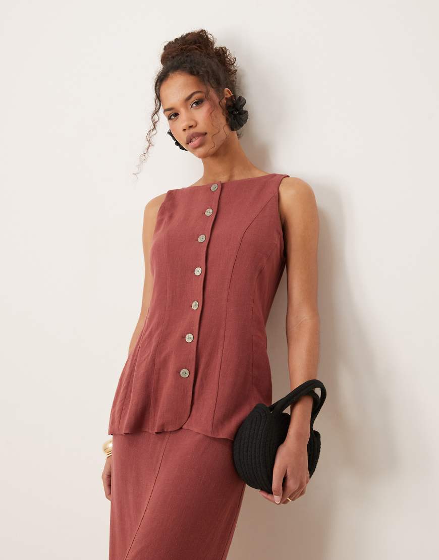 ASOS DESIGN - Leinen-Midikleid in Apfelbutter mit Westen-Design-Rot von ASOS DESIGN