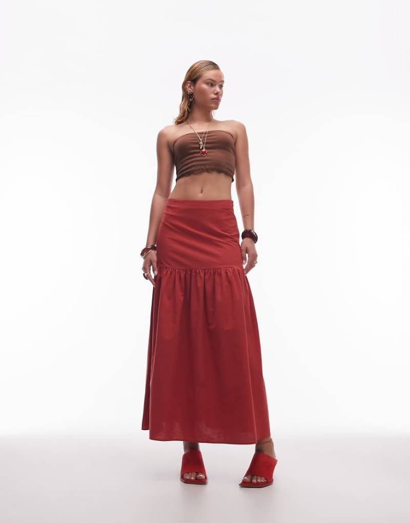 ASOS DESIGN - Leinenmix-Maxirock in Ziegelrot mit tiefer Taille von ASOS DESIGN
